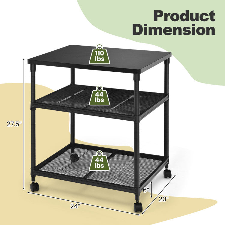 3 Tier Rolling Printer Stand Adjustable Shelf (Black)