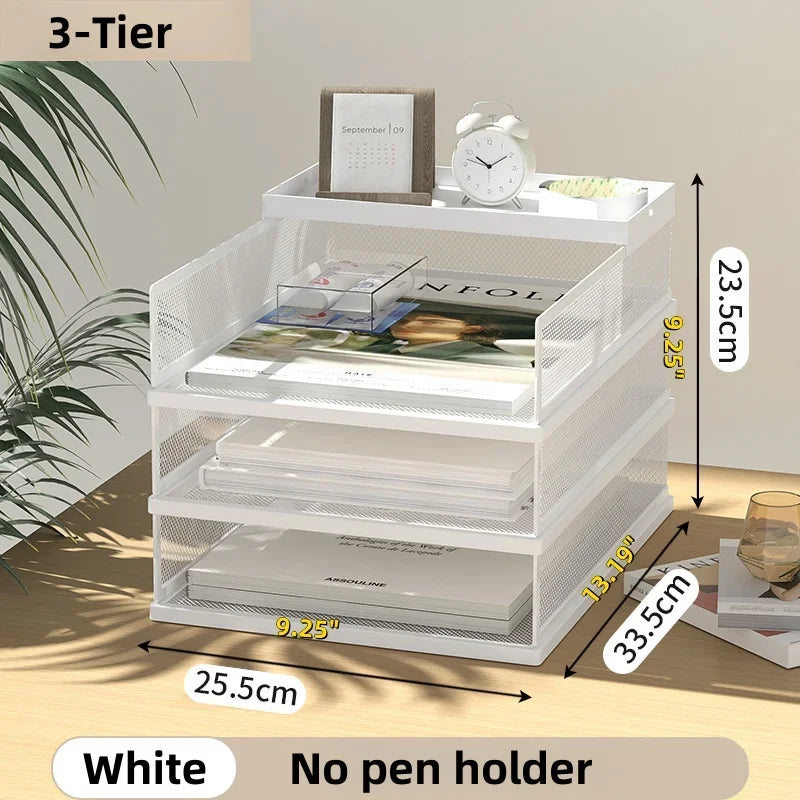 Metal Mesh Document Organizer 3-Tier A4 Filing Tray Rack for Office Desk Storage (White)
