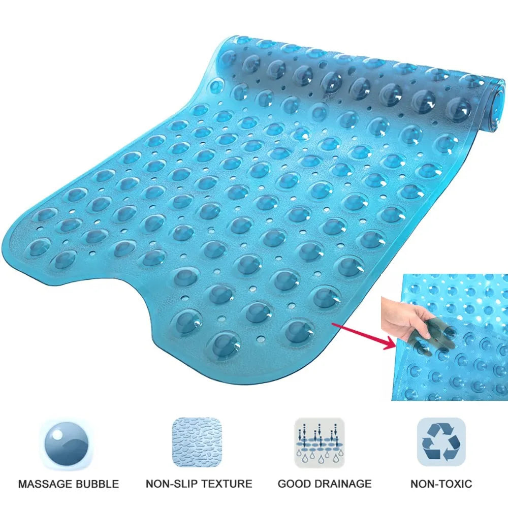 Bathtub Bath Mat PVC Large Bathtub Safety Shower Non-slip Bath Mats With Suction Cups Floor Mat, Transparent Blue (40CM x 100CM)