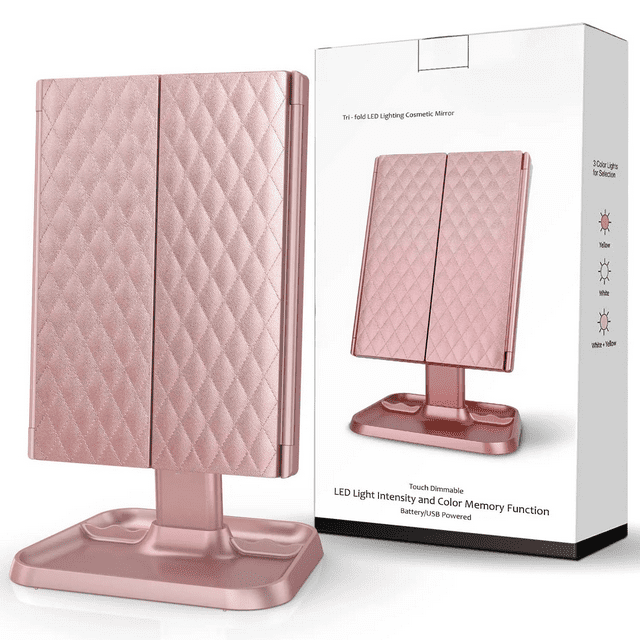 Vanity Mirror Makeup Mirror with 1 x 2 X 3 X Magnification Vanity Mirror with 72 LEDs Touch Control Dual Power Supply Portable Cosmetic Mirror, Pink