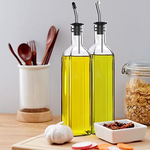 Olive Oil Dispenser Bottle 2 Pieces with 2 Stainless Steel Pourers, 4 Labels, 1 Brush and 1 Funnel Oil Bottles for Kitchen (500ml)