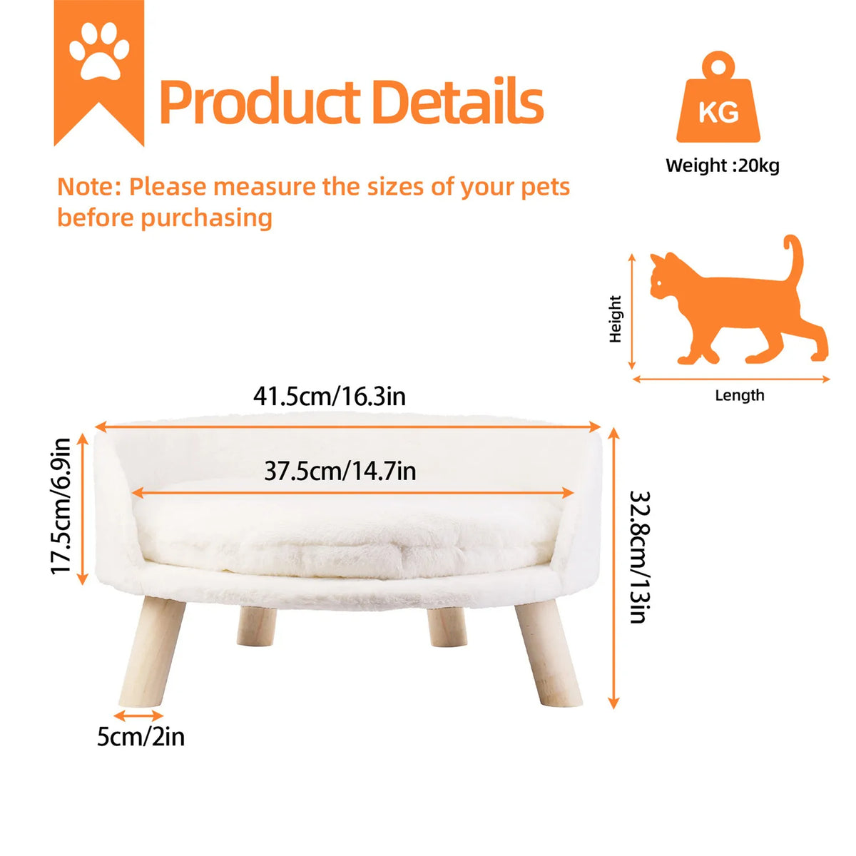 Raised Pet Sofa Bed with Removable Cushion For Cats &amp; Small Dogs
