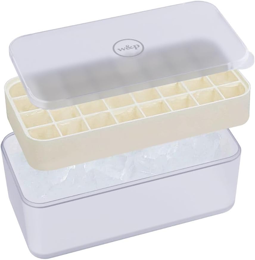 Ice Box Silicone Ice Cube Tray with Lid & Bin (96 Cubes, Cream)