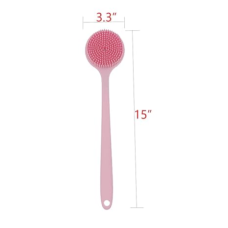 Soft Silicone Back Scrubber Shower Bath Body Brush with Long Handle (Pink)