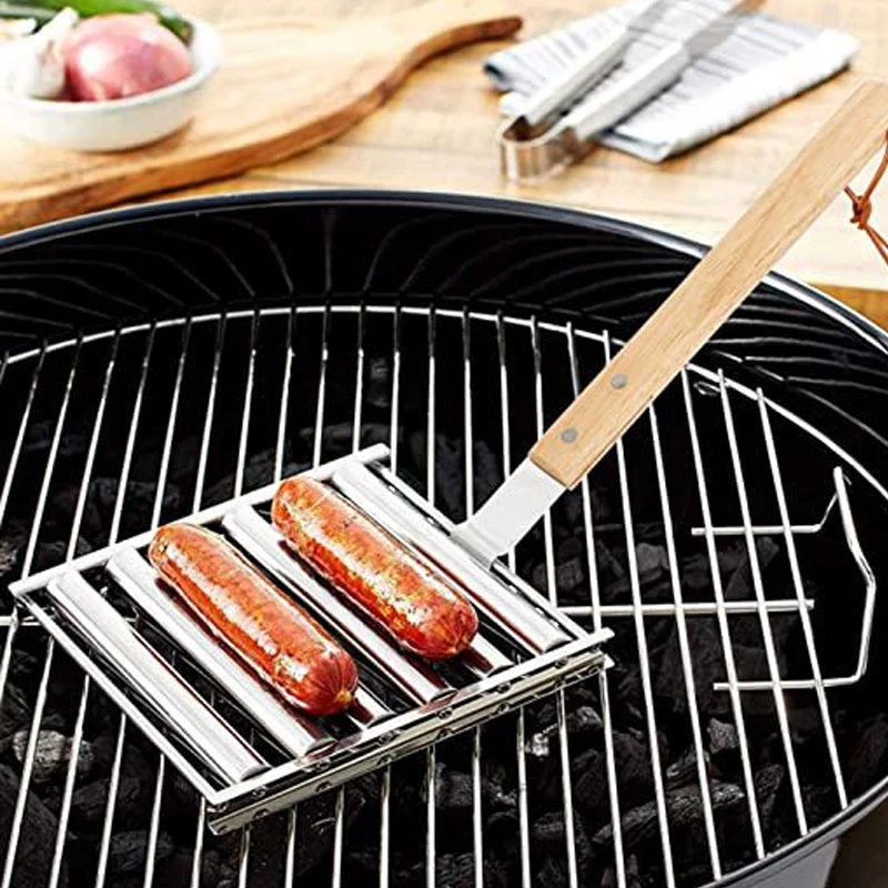 Hot Dog Roller Rack, Stainless Steel Outdoors BBQ Sausage Grill Pan With Long Wood Handle