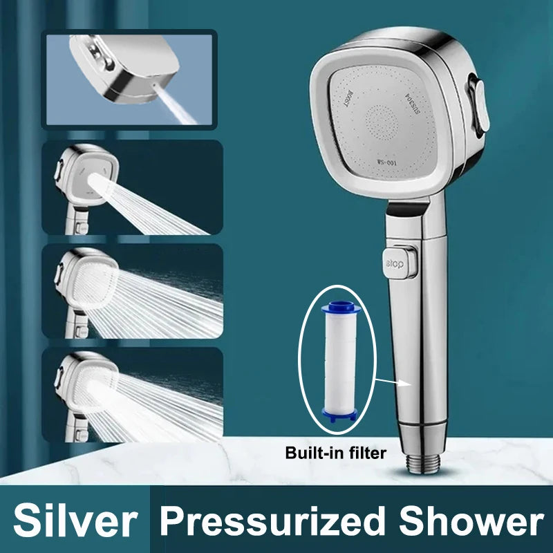 Upgraded 4-Mode High-Pressure Shower Head with Filter (Silver)