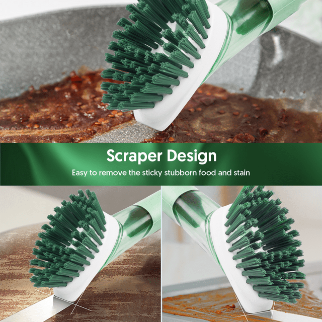 Kitchen Scrubber Set Dish Brush with Soap Dispenser with 3 Replaceable Brush Heads and 1 Holder, Green