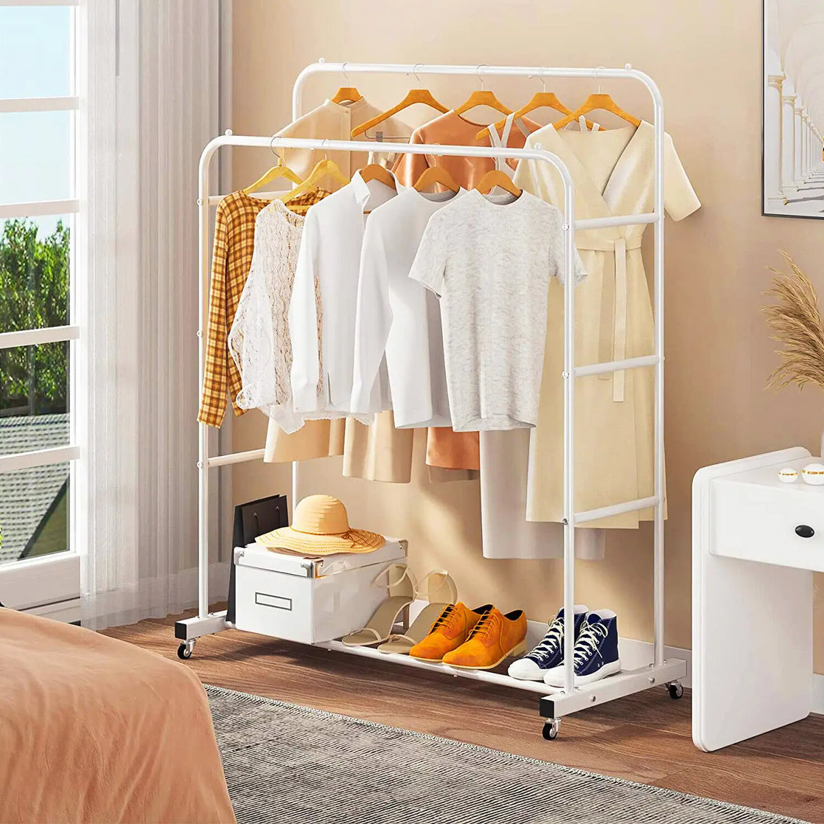 Rolling Clothes Rack Heavy Duty Metal 360° Wheels Coat Hanger Stand (White)