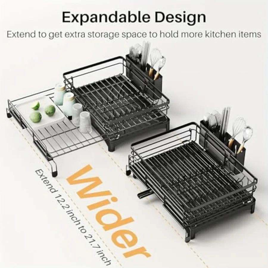 Space-Saving 2-in-1 Dish Drying Rack (Black Metal)