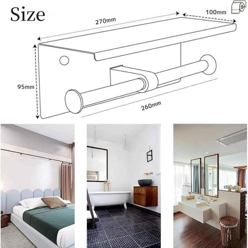 Wall Mount Double Roll Toilet Paper Holder with Shelf (Silver)