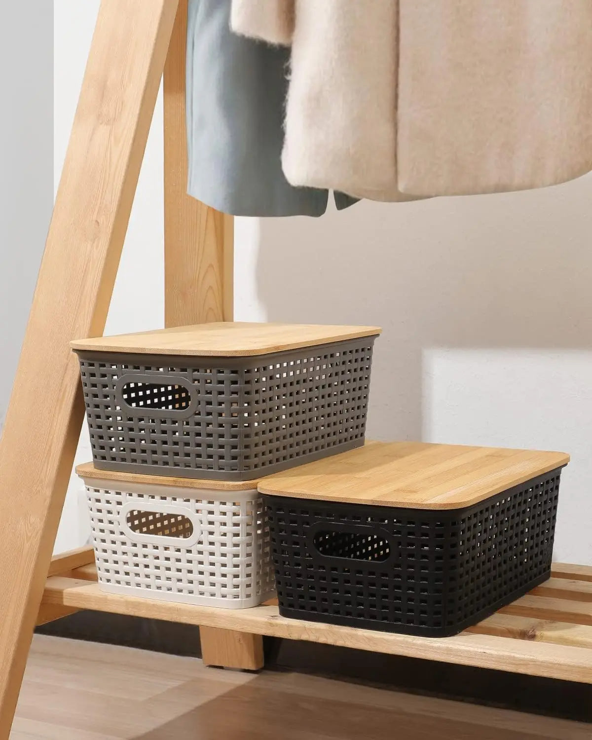 Plastic Storage Bins with Bamboo Lids 6PCS for Kitchen Room Bedroom Organizer