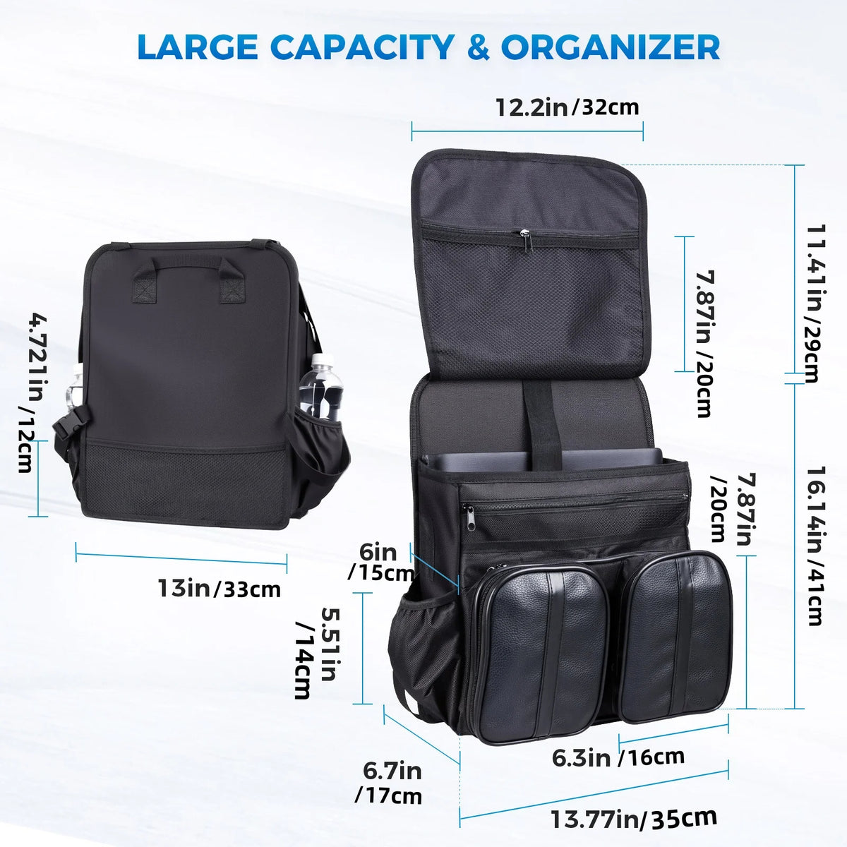 Adjustable Hanging Car Seat Organizer with Laptop Tablet Holder (Black)