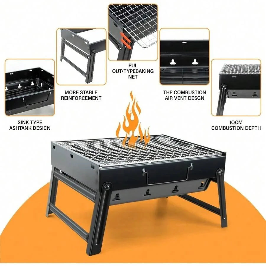 Portable Folding Charcoal BBQ Grill – Stainless Steel Tabletop Smoker