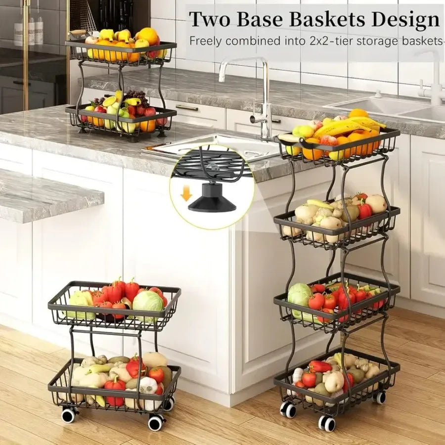 4 Tier Stackable Metal Vegetable Storage Rack with Wheels
