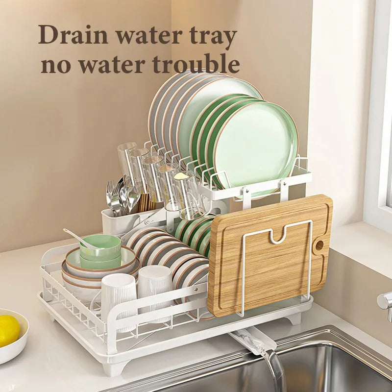 2-Tier Kitchen Dish Drying Rack with Automatic Drainer