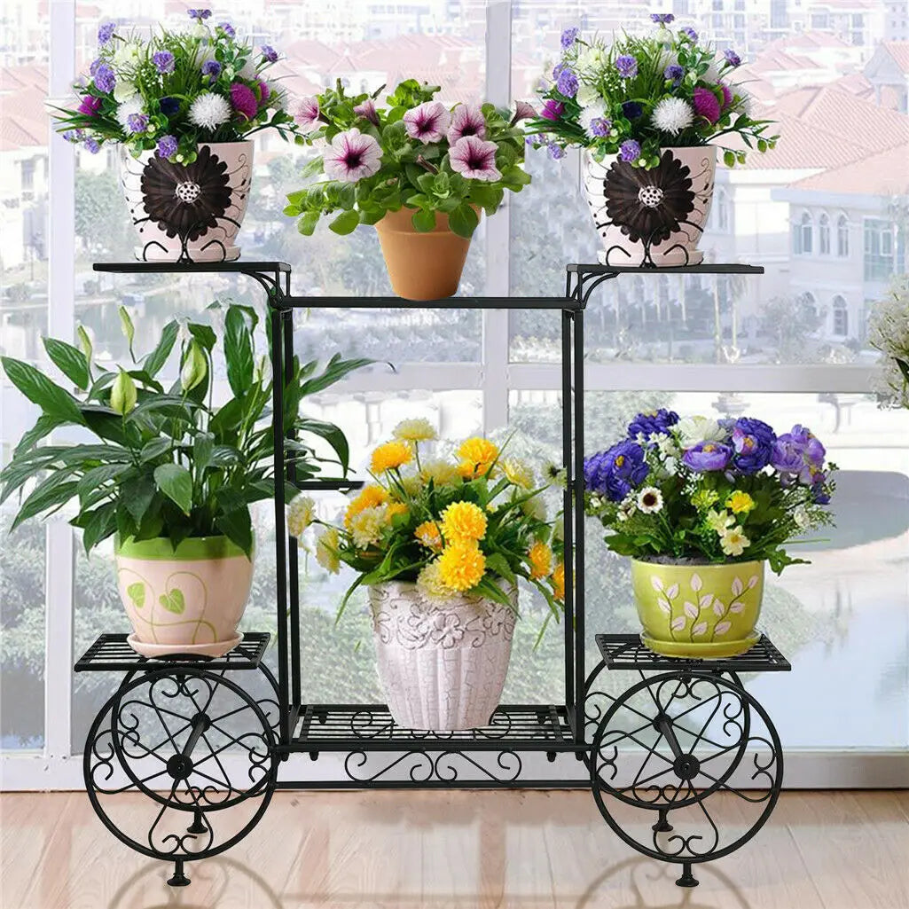 Wrought Iron 6 Tier Garden Cart Plant Stand (Black)