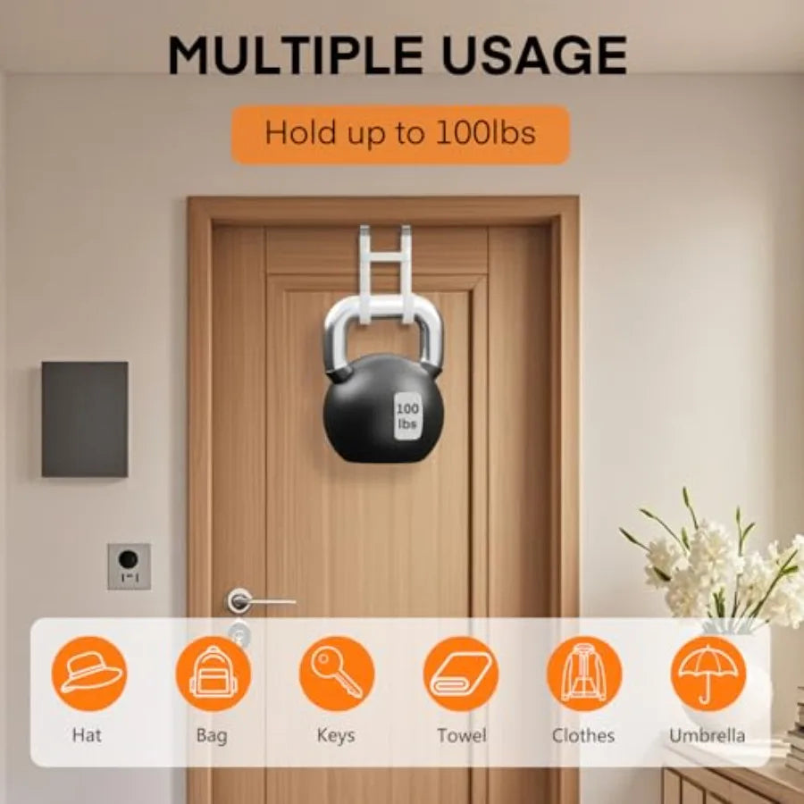 Over the Door Hooks, Heavy-Duty Double Hanger Door Hook, 100LB Capacity Metal Door Hanger, No-Drill Rubber-Coated Hooks for Bathroom, Bedroom &amp; Closet Organization