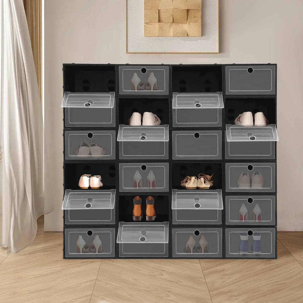 24-Pack Stackable Shoe Storage Box with Clear Front Door (Black)