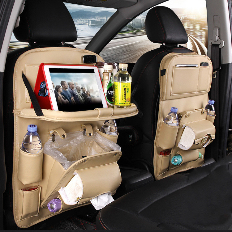 Multifunction Car Organizer PU Leather Hanging Car Backseat Organizer (Beige)