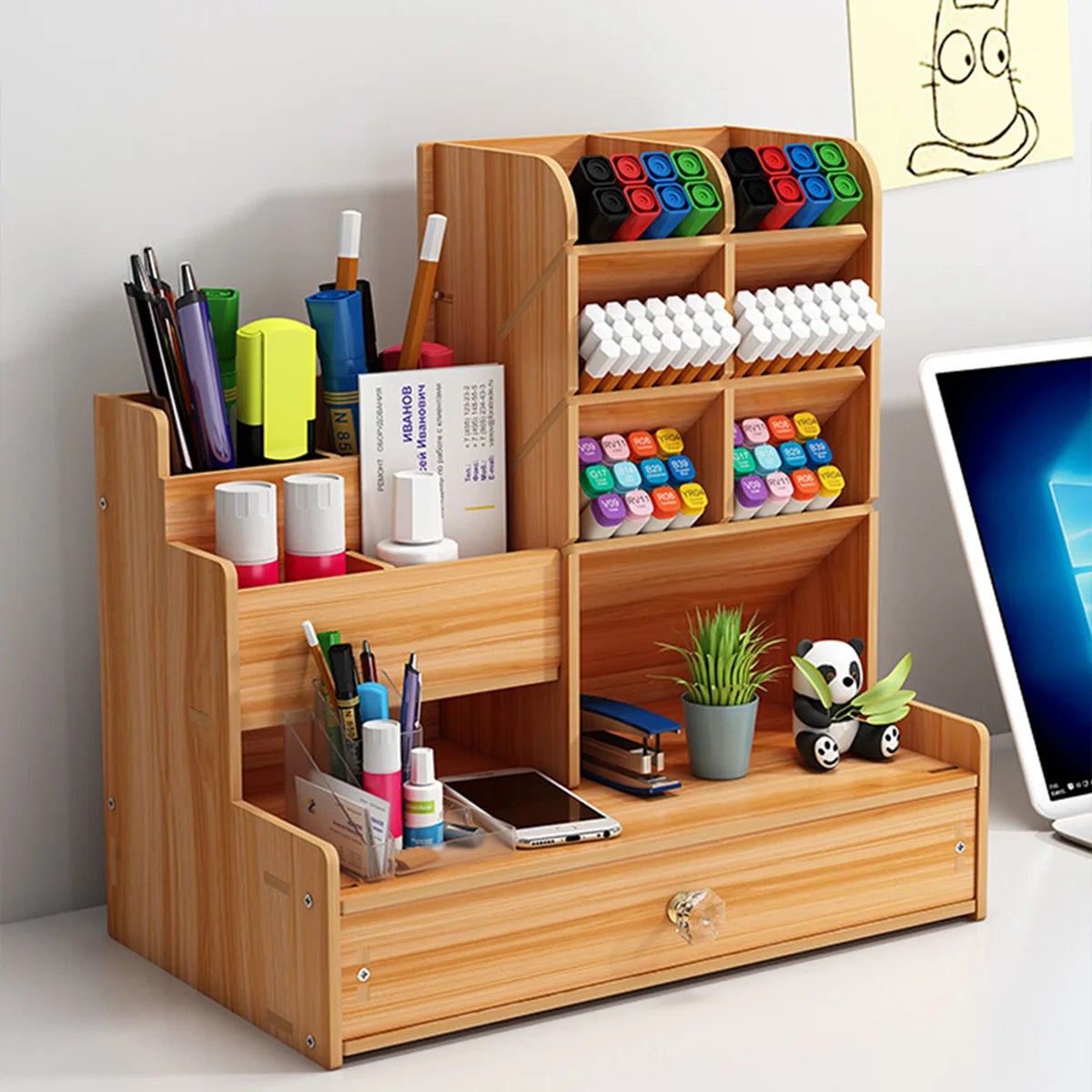 Wooden Desk Organizer with Drawer – Multi-Compartment Pen Holder and Stationery Storage Box for Office, Study Room &amp; Home