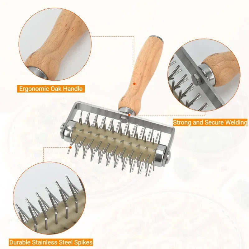 Stainless Steel Pizza Dough Docker Roller with Handle – Spiked Dough Piercer for Pizza, Pastry, Cookies &amp; Bread Baking