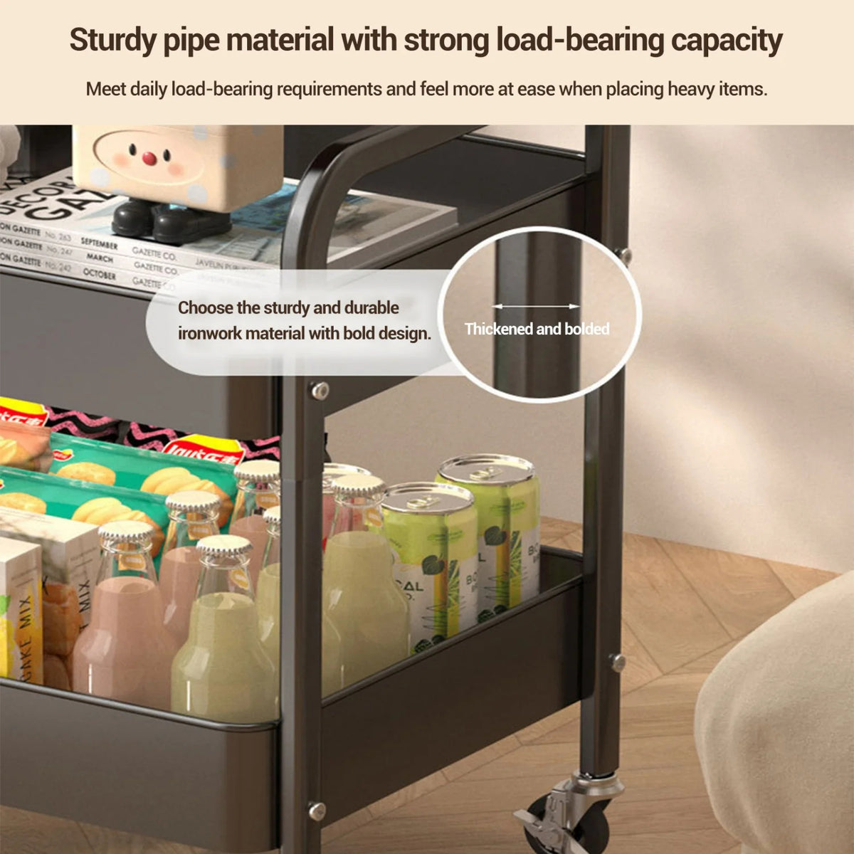 3-Tier Rolling Cart Wood Tabletop Utility Organizer (White)