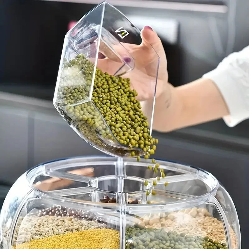360° Rotating Grain Dispenser – 6-Grid Airtight Cereal &amp; Rice Storage Container