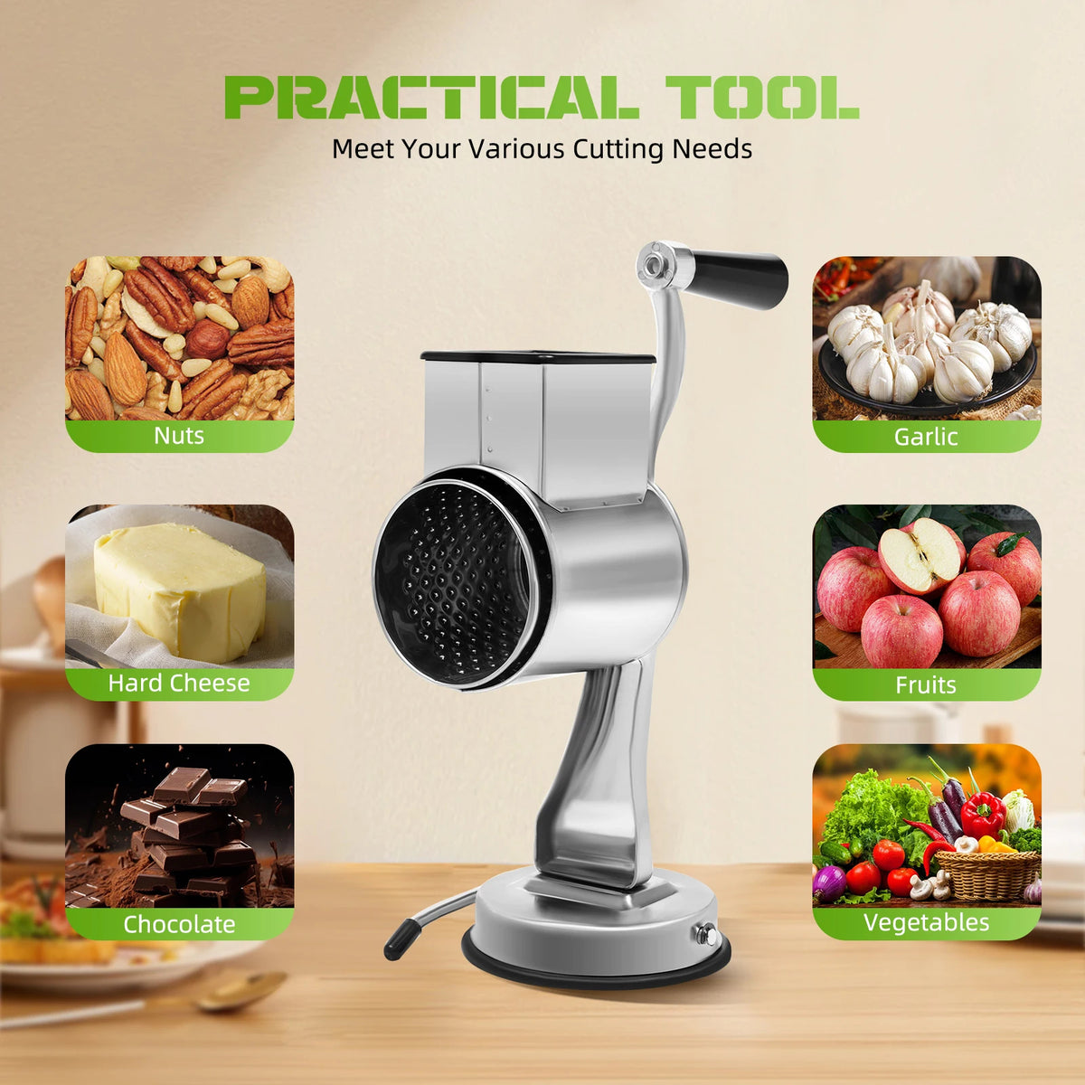 Rotary Grater with 5 Blades Stainless Steel – Manual Drum Grinder Vegetable Slicer