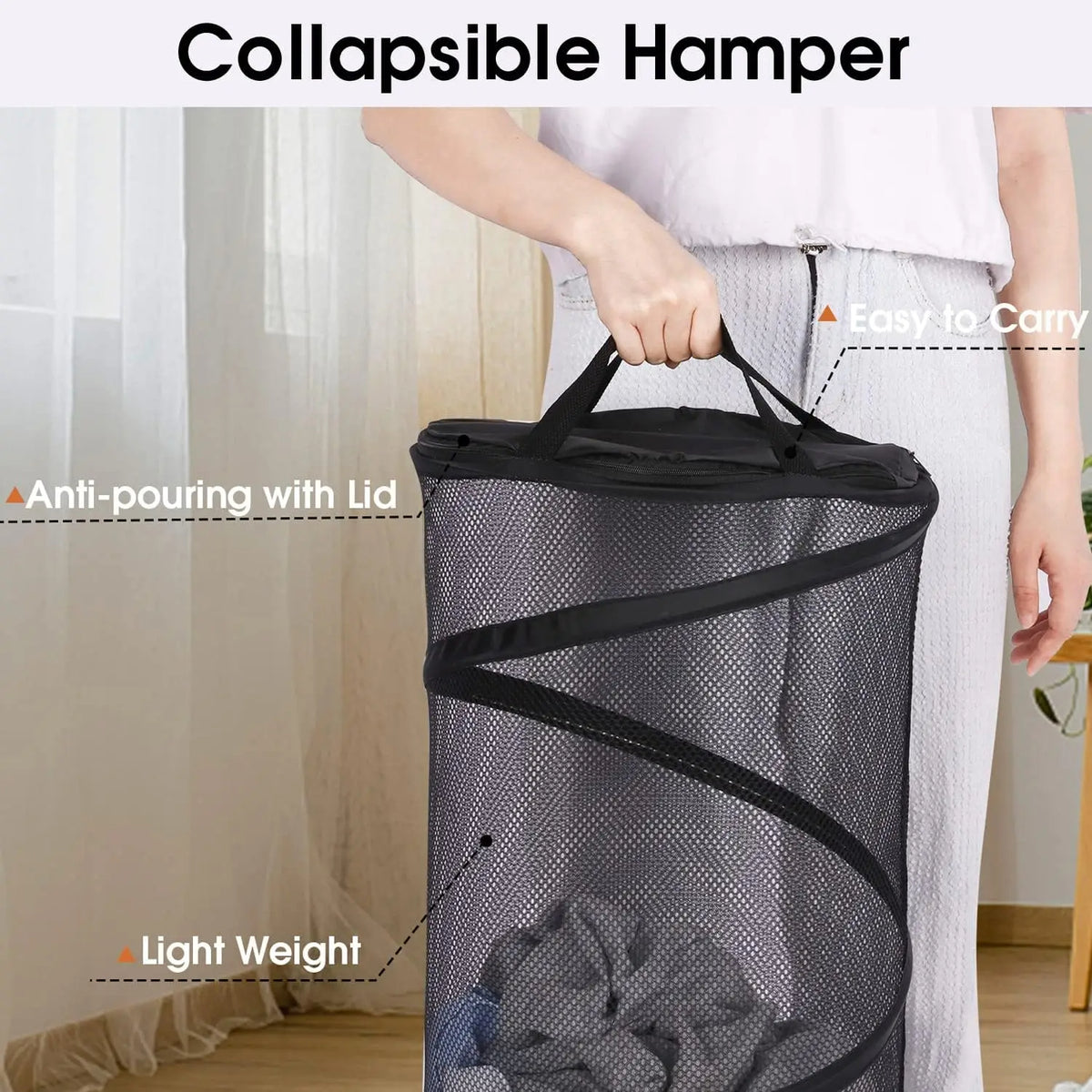 Large Foldable Laundry Basket with Lid Mesh Handles