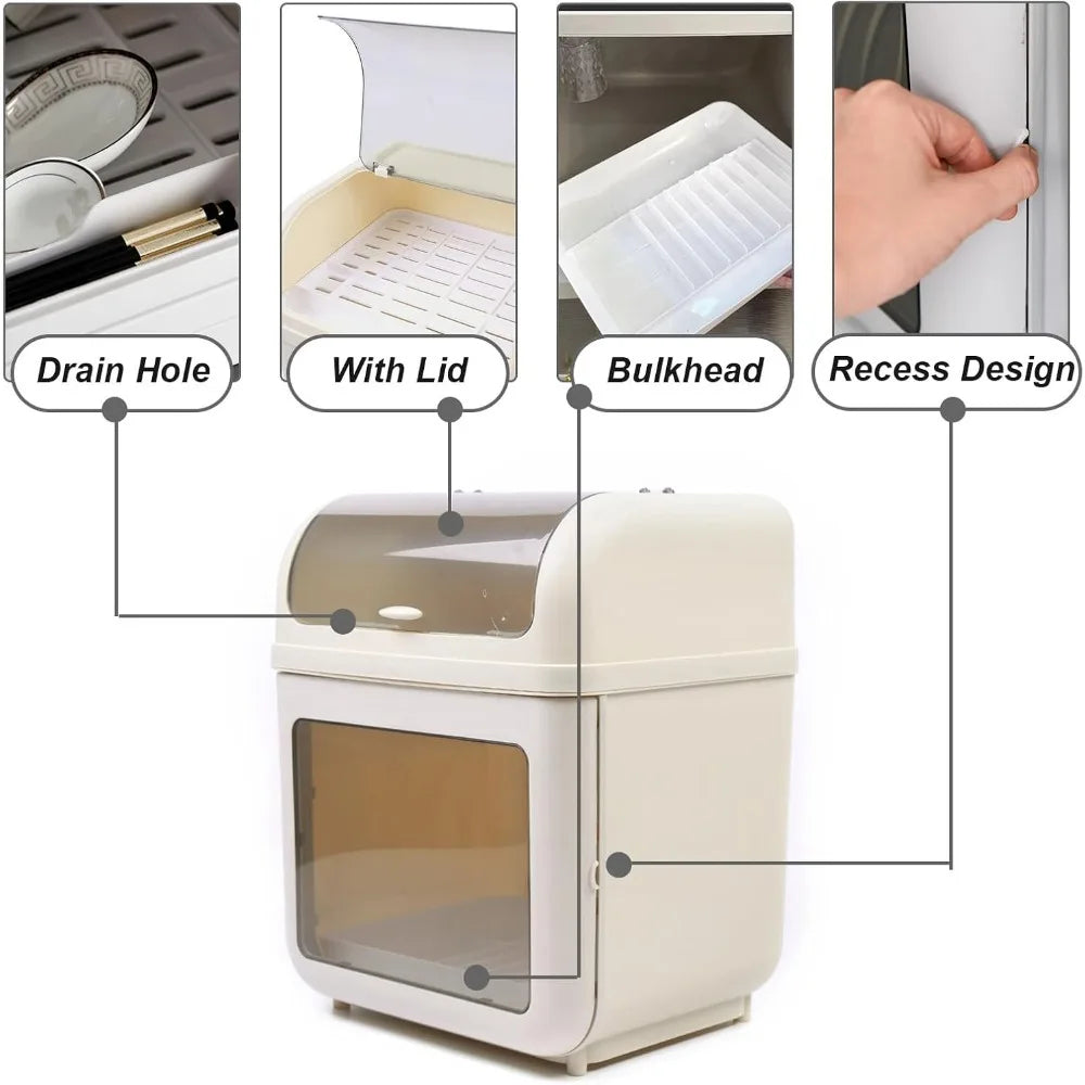 2-Tier Dish Drying Rack with Dust-Proof Lid Fully Enclosed Tableware Organizer