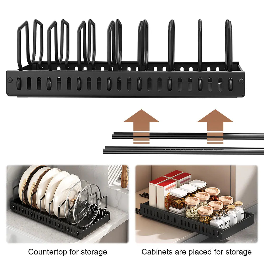 Sliding Kitchen Pots and Pans Organizer with 8 Adjustable Dividers