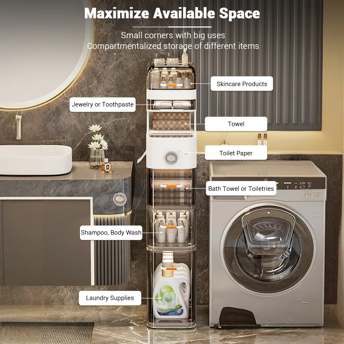 Multifunctional Slim Storage Tower for Bathroom Kitchen (White)