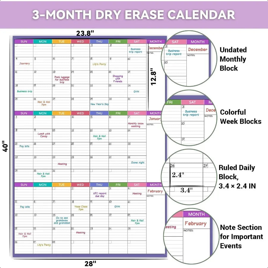Dry Erase 3-Month Wall Planner 28&quot; x 40&quot; Reusable Laminated Whiteboard Calendar