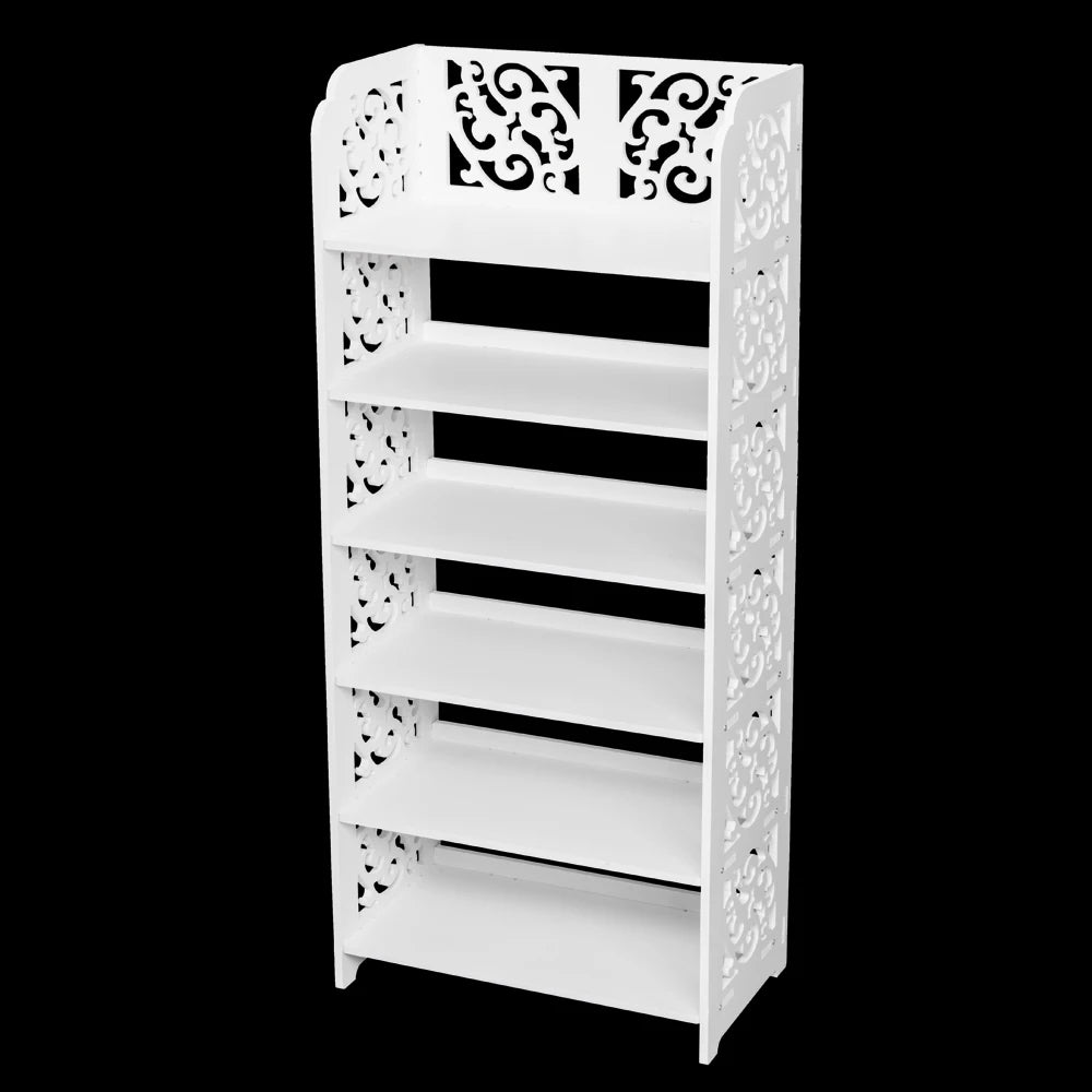Shoe Storage Rack 6-Tiers Carved Wood-Plastic (White)
