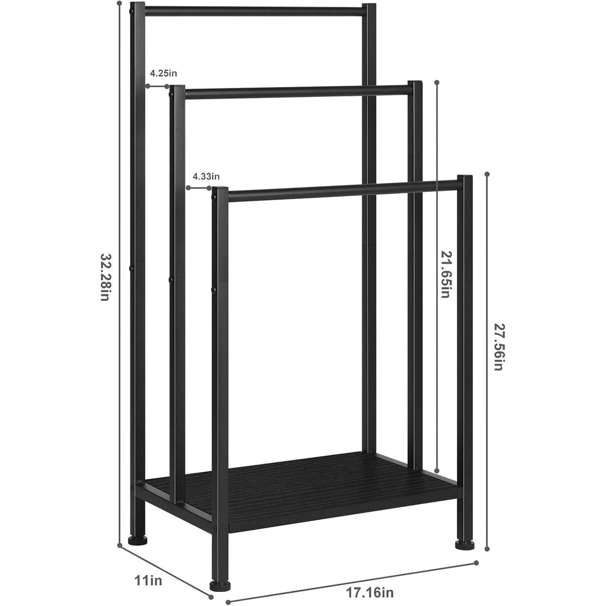 Freestanding 3-Tier Towel Rack Metal Bathroom Floor Stand and Space-Saving Organizer (Black)