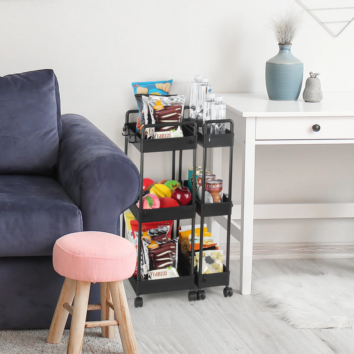 Rolling Slim Storage Cart 3 Tier 2 Pack Utility Rack (White)