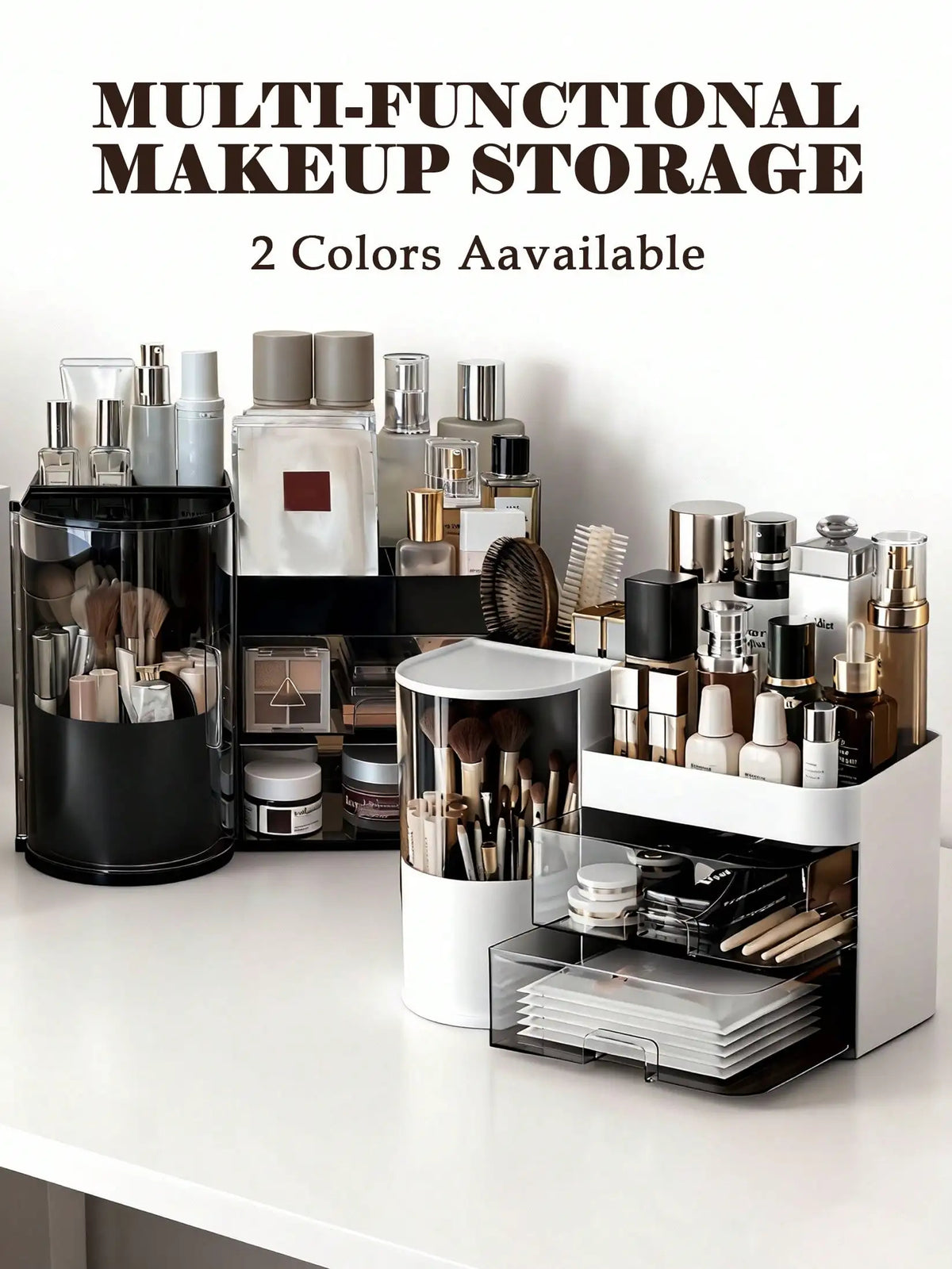 2-Tier Rotating Makeup Organizer with Brush Holder – Large-Capacity Skincare and Cosmetic Storage