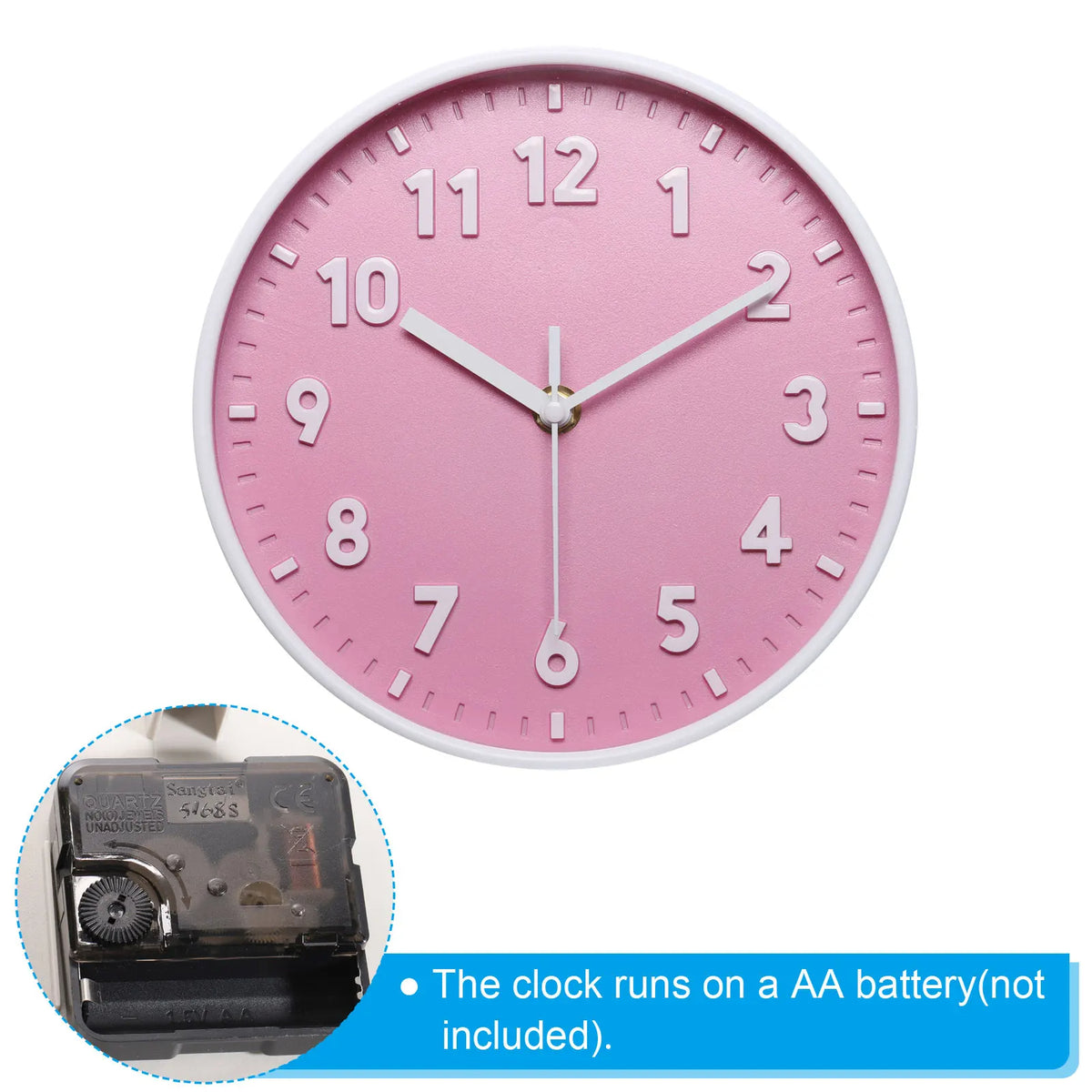 Silent Decorative Clock 8-Inch Battery Operated Clock (Pink)