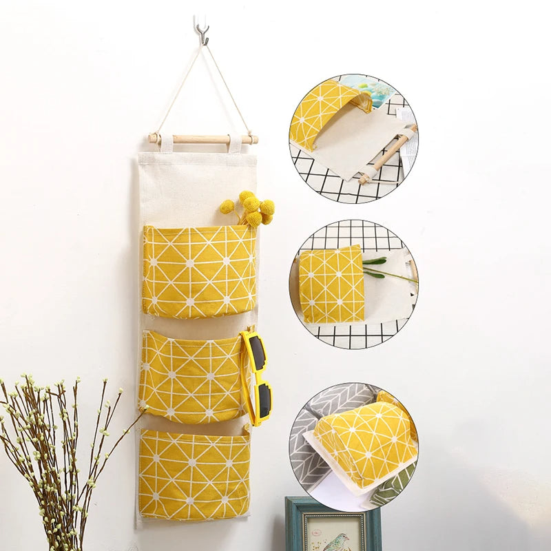 Door Hanging Organizer 3 Tiers Moistureproof Sundries Hanging Pockets (Yellow)