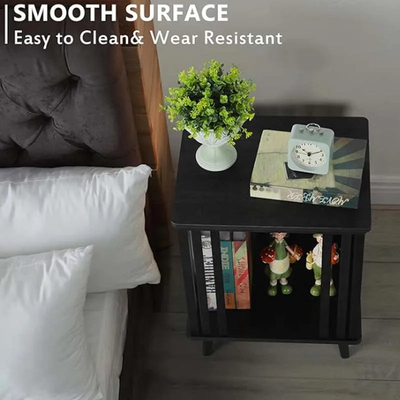 Nightstand with Bamboo Storage Large Capacity End Table (Black)