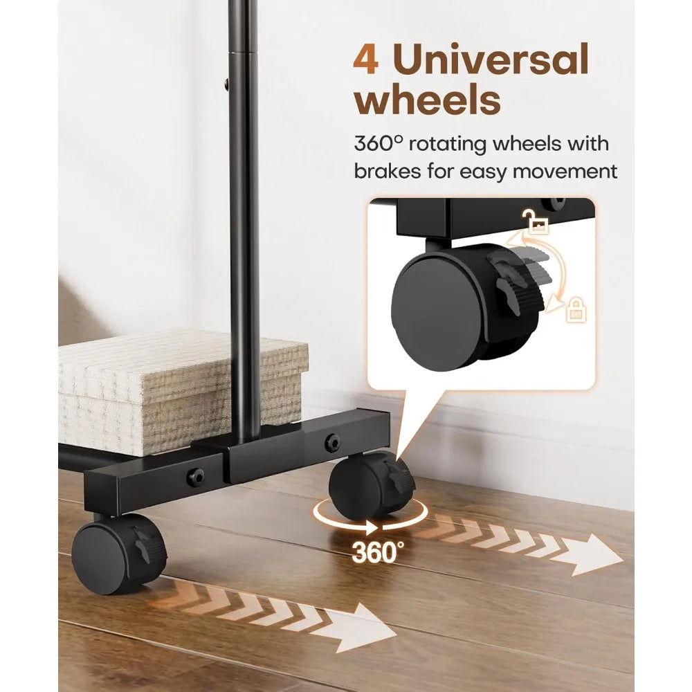 Rolling Clothes Rack with Hooks – Standing Garment Storage Hanging Rod Organizer