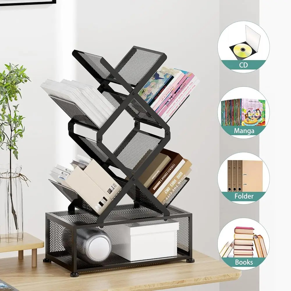 Folding 6-Tier Tree Bookshelf with Storage Cabinet Space-Saving Book Tower