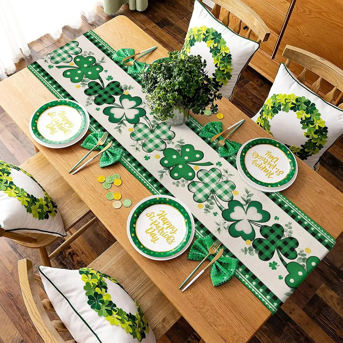 Shamrock Plaid Linen Table Runner