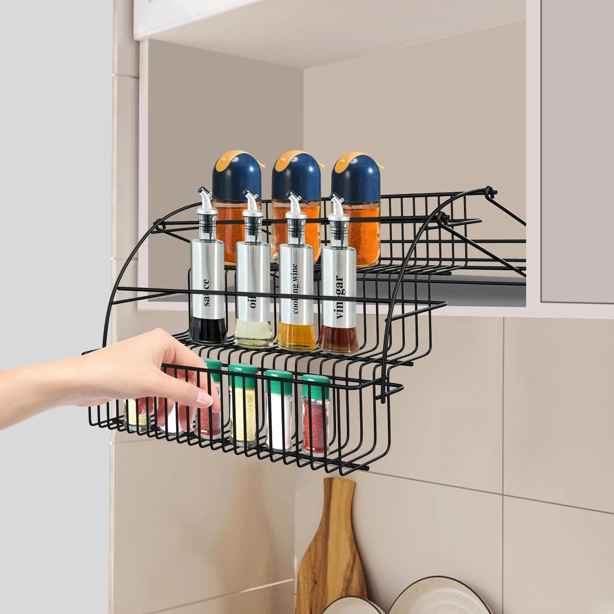 Expandable Pull-Down Kitchen Rack – 3-Tier Metal Cabinet Storage System