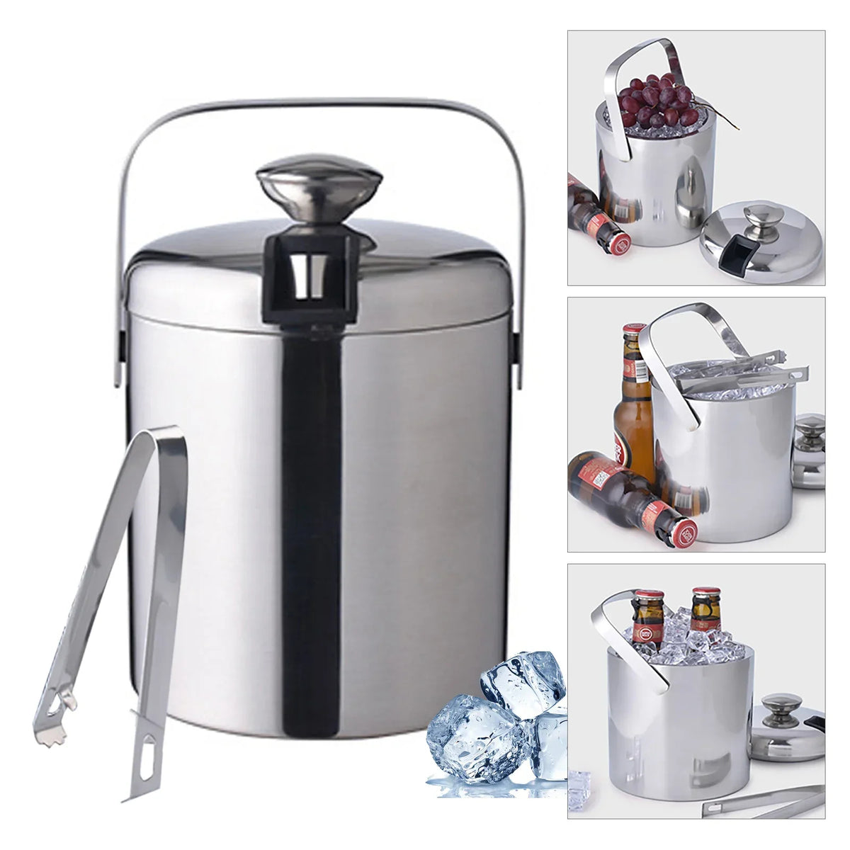 Stainless Steel Ice Bucket Double-Wall Insulated 1.3L with Lid &amp; Scoop