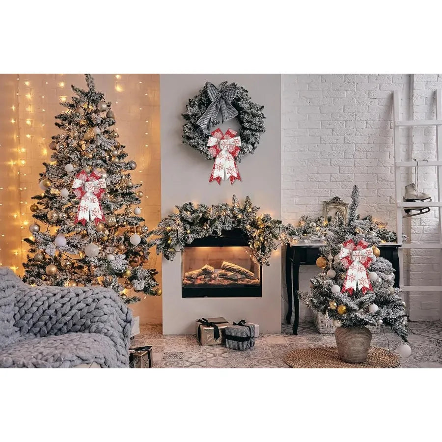 Glitter Red and White Burlap Christmas Bows (Set of 2) Snowflake Design Wreath