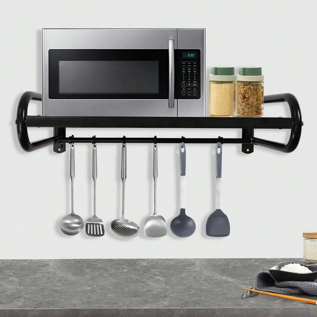 Wall Mount Microwave Oven Shelf Kitchen Storage Rack with 6 Hooks (Black)