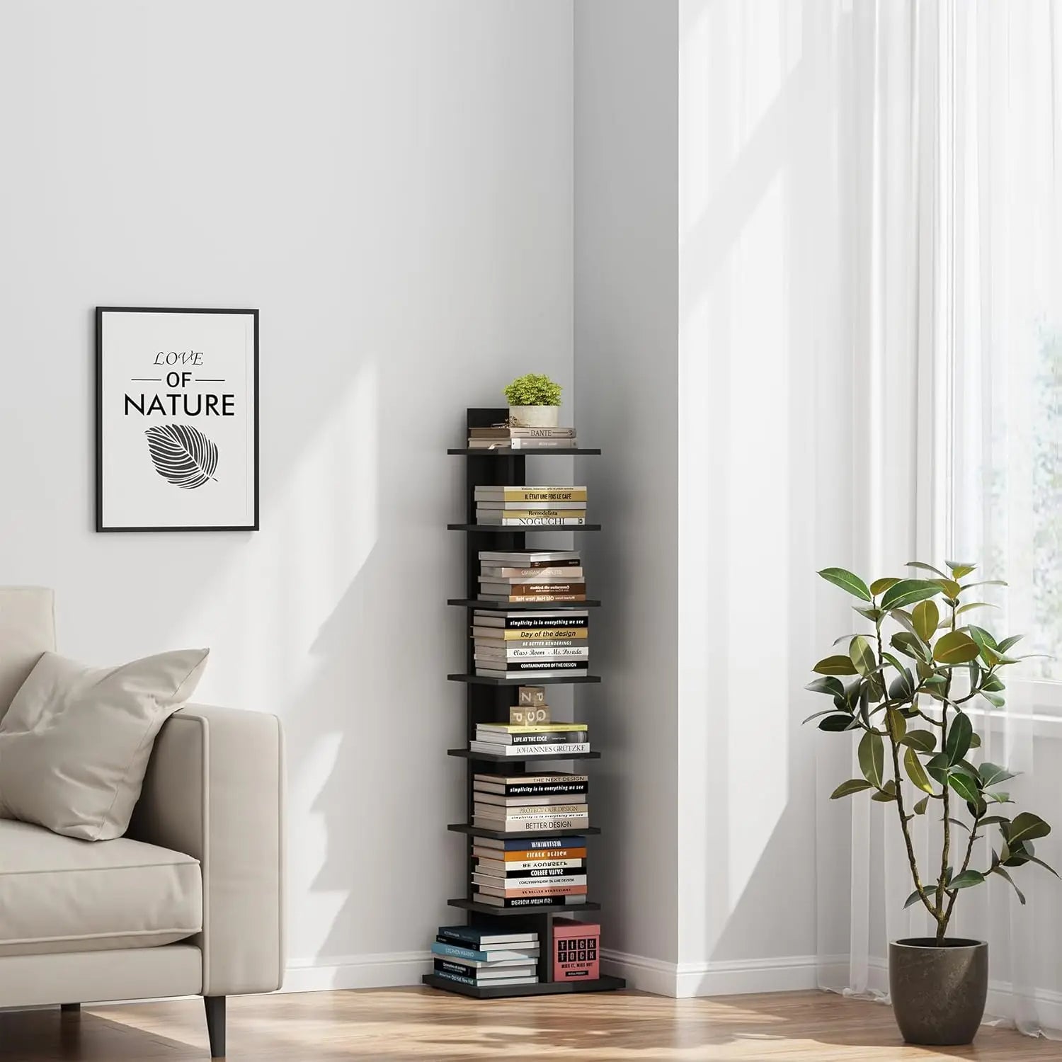 9-Tier Tree Bookshelf with Drawer Modern Book Storage (Black)