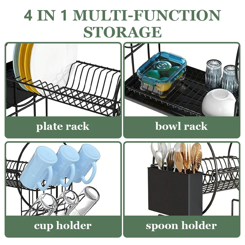 Double-Layer Dish Drainer with Utensil Holder for Kitchen Organization