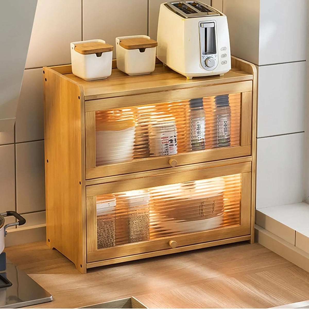2-Tier Bamboo Kitchen Storage Cabinet – Versatile Countertop Organizer with Clear Acrylic Sliding Doors